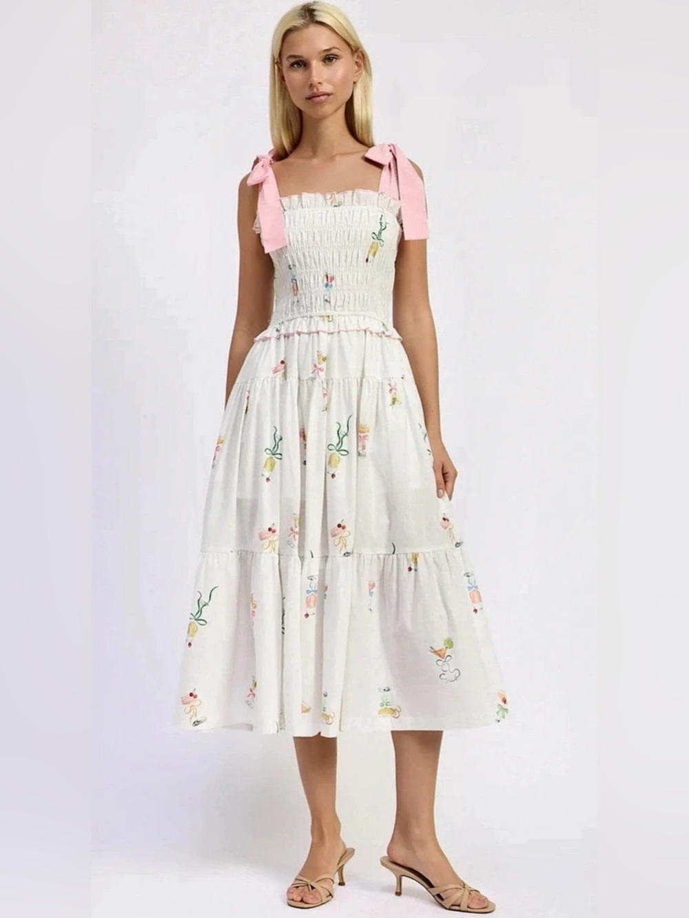 EN SAISON LEANNE Midi Dress White Pink Smocked Midi Dress Like New